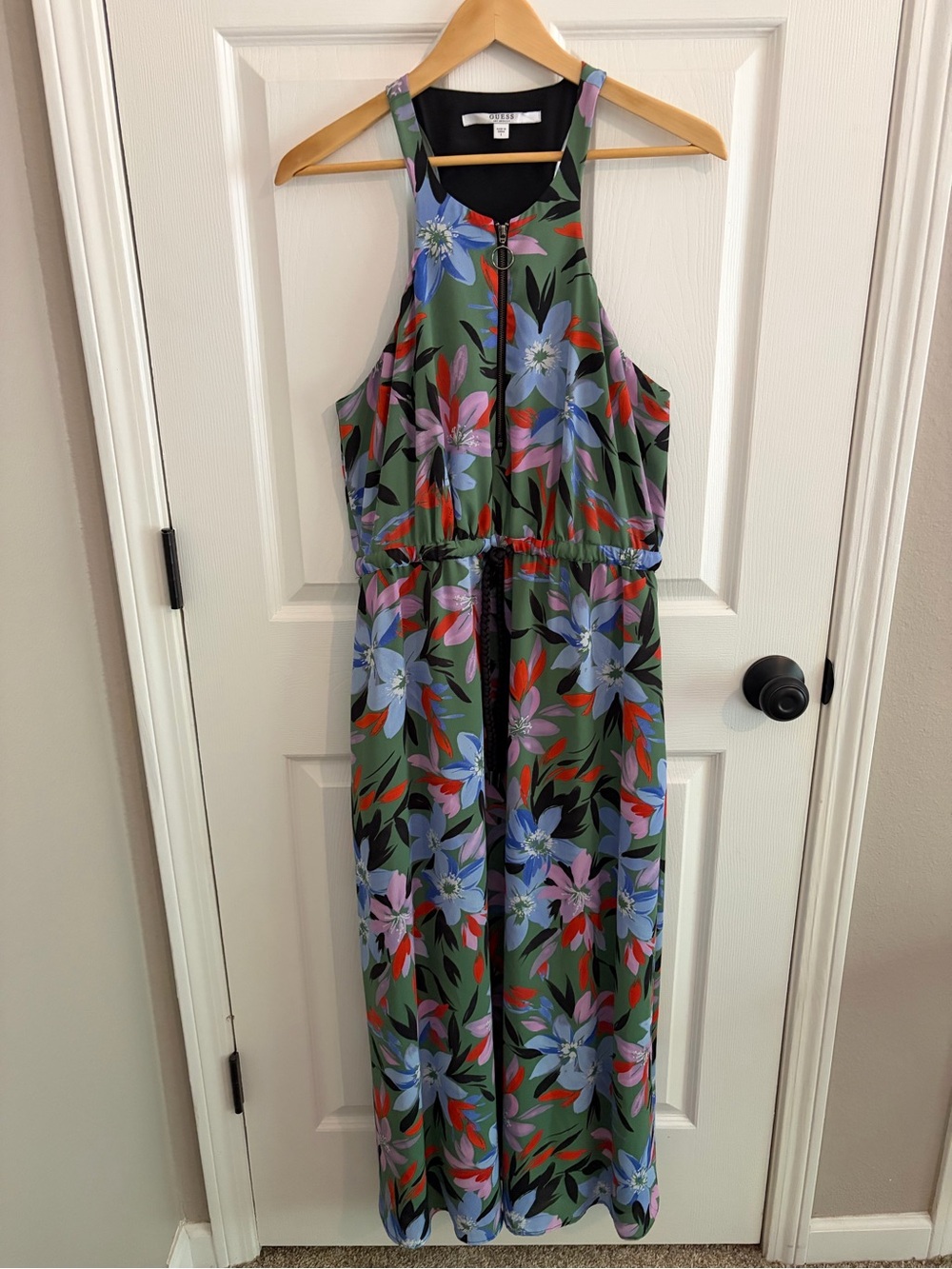 Guess Floral Racerback Maxi Dress W/Braided Drawstring Belt & Half Zip Front - L